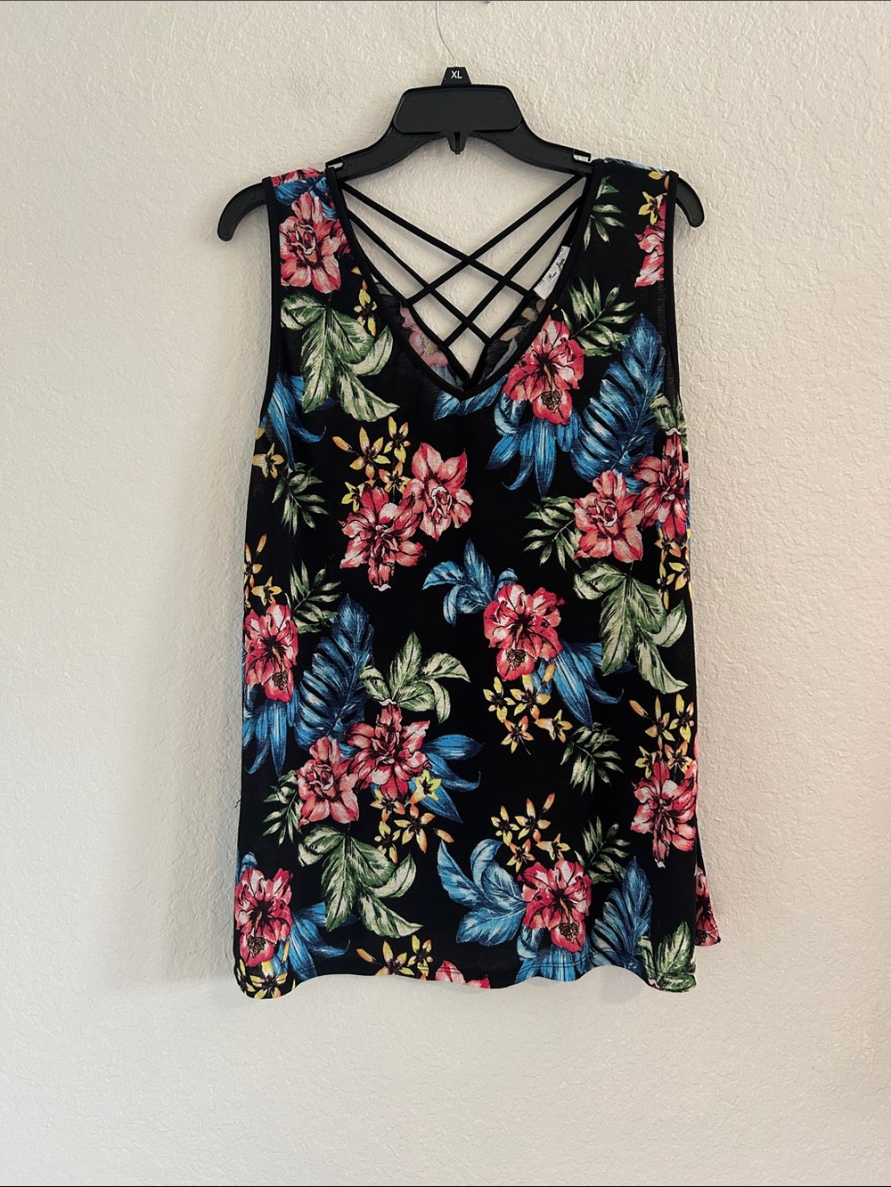 Floral Crisscross Back Tank Top - Black with Pink & Blue Floral